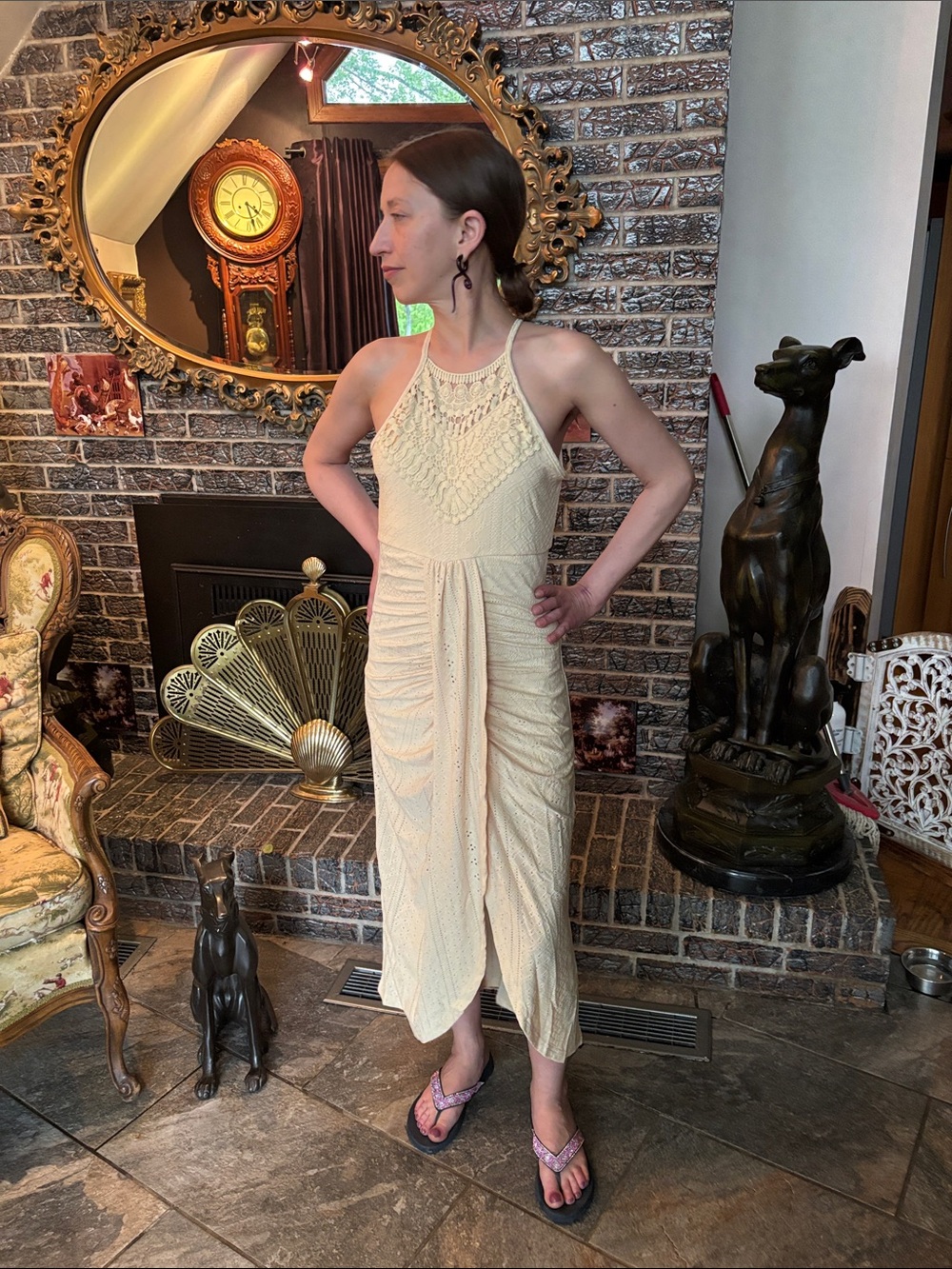 Chic Cream Halter Midi Dress with crochet  Bodice